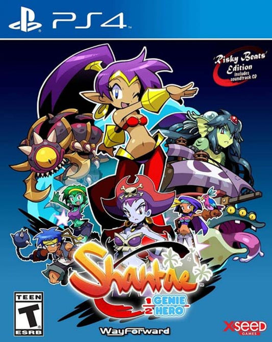 Shantae Half Genie Hero Risky Beats Edition game featuring colorful 2D platforming action, rhythmic gameplay elements, and anime inspired adventure starring Shantae front cover