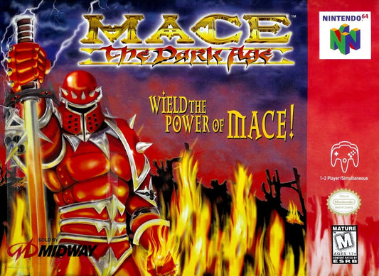 Mace The Dark Age Nintendo 64 N64 video game featuring 3D fighting gameplay medieval warriors weapon based combat special attacks arena battles character matchups fantasy environments and classic 64 bit Nintendo gameplay retro video game collection collectible gaming appeal cover art