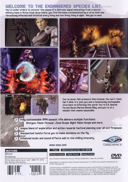 Extermination back of case for PlayStation 2 (PS2) survival horror third-person action video game