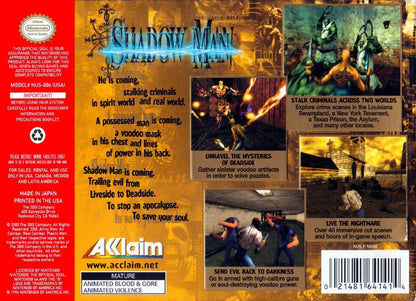 Shadow Man Nintendo 64 N64 video game, game only cartridge, dark action adventure, horror-themed gameplay, classic console title back cover