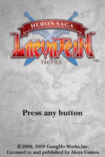 Hero's Saga Laevatein Tactics cartridge for the Nintendo DS featuring tactical turn based RPG gameplay with grid based battles character customization and strategic missions in a fantasy adventure setting gameplay
