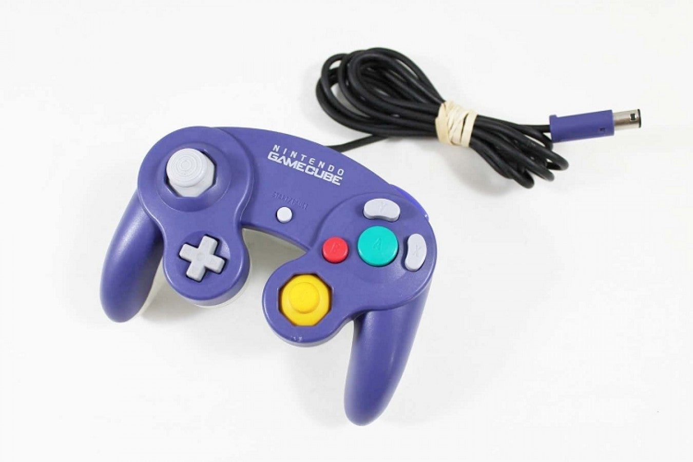 Front view of original clear and indigo Nintendo GameCube controller wired gaming pad