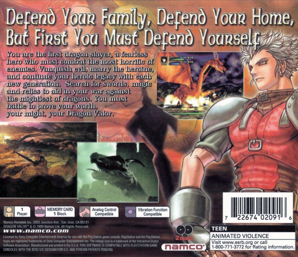 Dragon Valor PS1 PlayStation 1 action RPG hack and slash fantasy dragon themed adventure game retro video game back of case