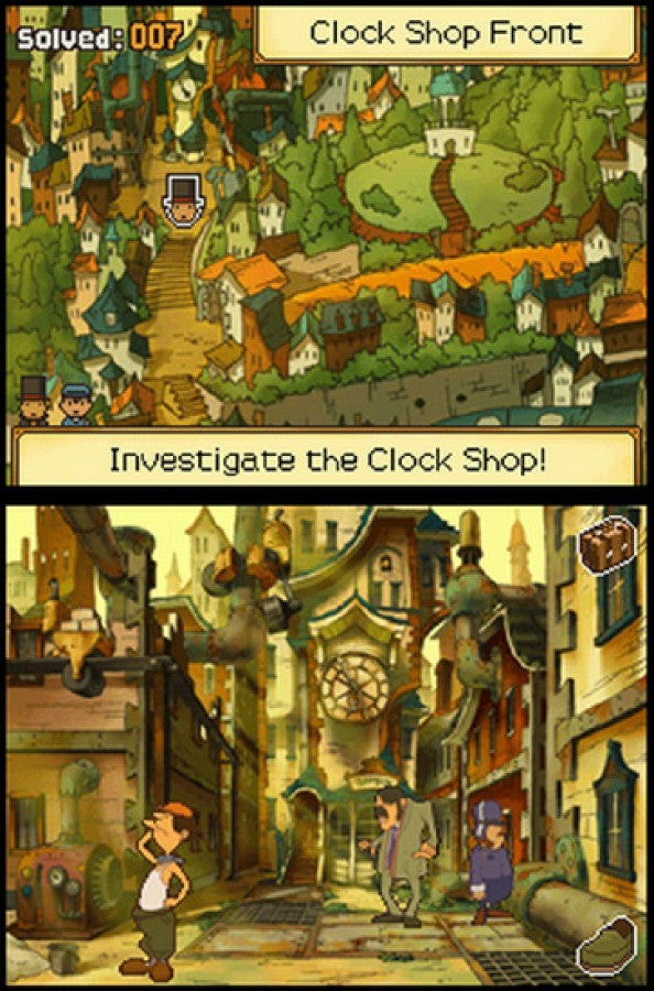 Professor Layton and the Unwound Future Nintendo DS puzzle adventure game solving brain teasers time travel mystery London story gameplay