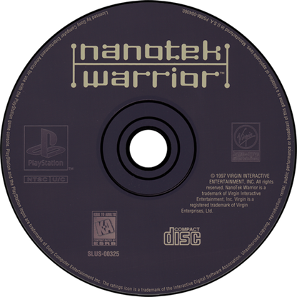 Nanotek Warrior PlayStation PS1 for action shooter video game fans featuring futuristic tank combat fast paced sci fi battles powerful weapons enemy encounters maze like environments challenging missions explosive action classic PlayStation gameplay collectible gaming appeal disc