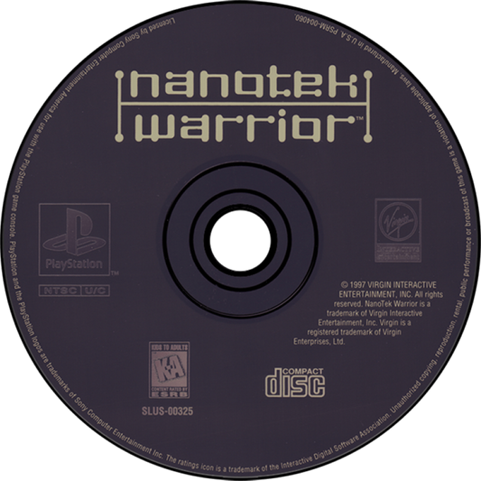 Nanotek Warrior PlayStation PS1 for action shooter video game fans featuring futuristic tank combat fast paced sci fi battles powerful weapons enemy encounters maze like environments challenging missions explosive action classic PlayStation gameplay collectible gaming appeal disc