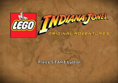 LEGO Indiana Jones The Original Adventures PlayStation 2 PS2 video game, action adventure, LEGO-style gameplay, movie tie-in, family-friendly title main menu title screen