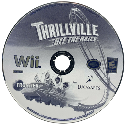 Thrillville: Off the Rails disc art for Nintendo Wii (Wii) featuring theme park building, wild roller coasters, and mini‑games with quirky characters.