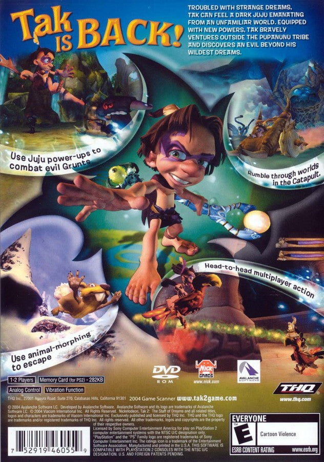 Tak 2 The Staff of Dreams PS2 Sony PlayStation 2 action adventure platformer Nickelodeon cartoon style gameplay jungle exploration magical powers puzzle solving cooperative mini games family friendly retro gaming PlayStation 2 software video game title back cover art