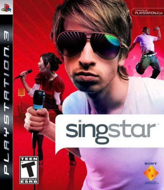 SingStar PlayStation 3 karaoke video game singing competition USB microphone support song library music videos pitch scoring music video recording front cover