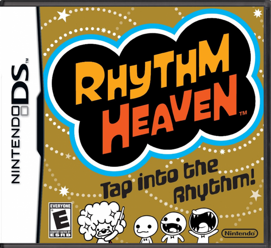 Rhythm Heaven Nintendo DS video game, rhythm music gameplay, fast-paced mini-games, stylized art style, handheld console title cover art