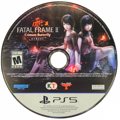 Fatal Frame II Crimson Butterfly Remake PlayStation 5 PS5 for survival horror video game fans featuring supernatural ghost encounters camera based combat eerie Japanese village exploration psychological horror puzzle solving haunting atmosphere twin sisters storyline and immersive cinematic horror gameplay collectible gaming appeal game disc