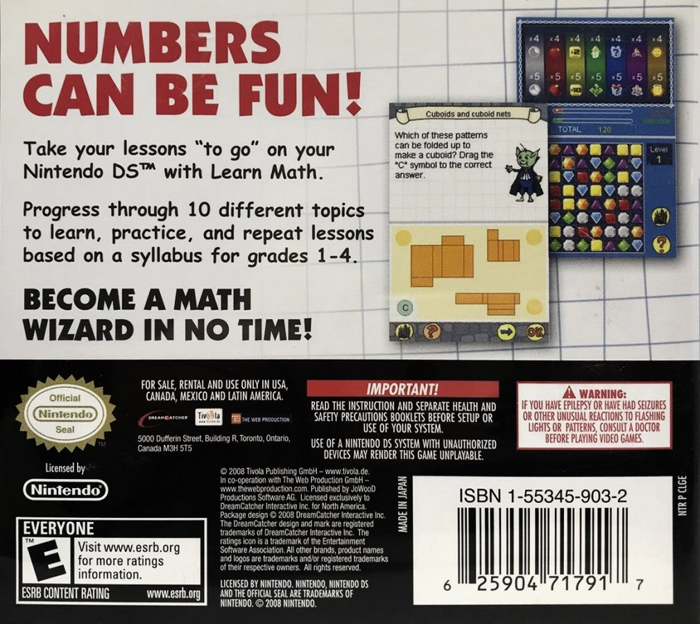 Learn Math for Grades 1-4 Nintendo DS DS educational video game featuring interactive math lessons addition subtraction multiplication division fractions problem solving number skills educational challenges and touchscreen learning gameplay for elementary school students collectible gaming appeal back cover art
