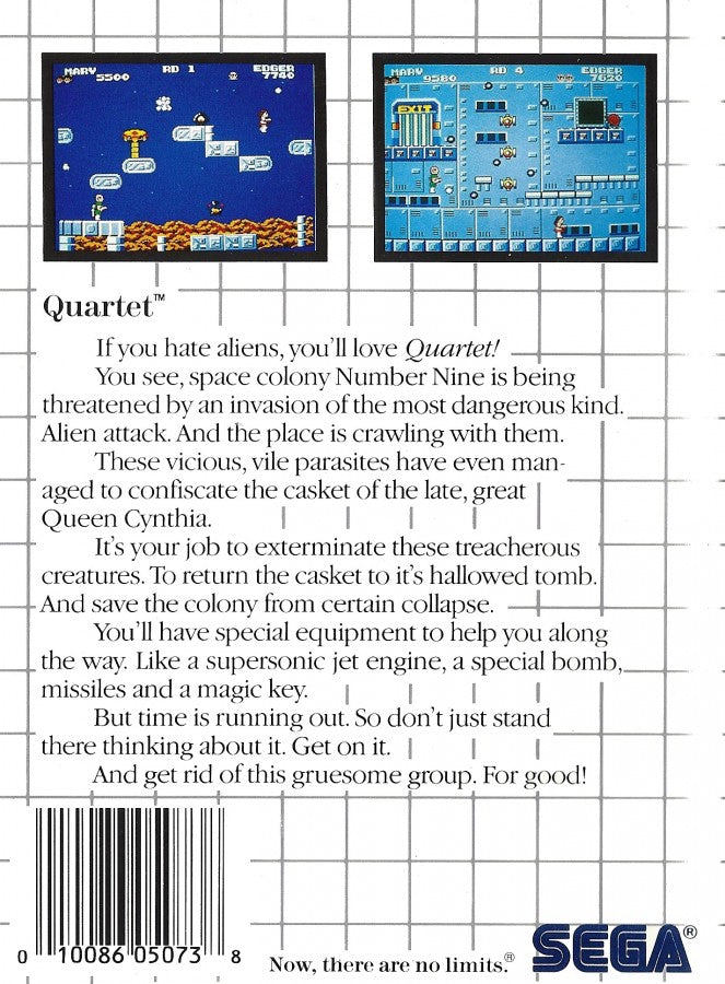 Quartet Sega Master System SMS for arcade action video game fans featuring side scrolling shooting gameplay cooperative multiplayer alien enemies futuristic environments power ups weapon upgrades challenging stages and fast paced classic Sega Master System action collectible retro gaming appeal back cover art