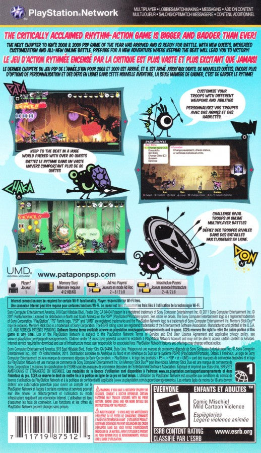 Patapon 3 back of case for PlayStation Portable (PSP) rhythm-based action game