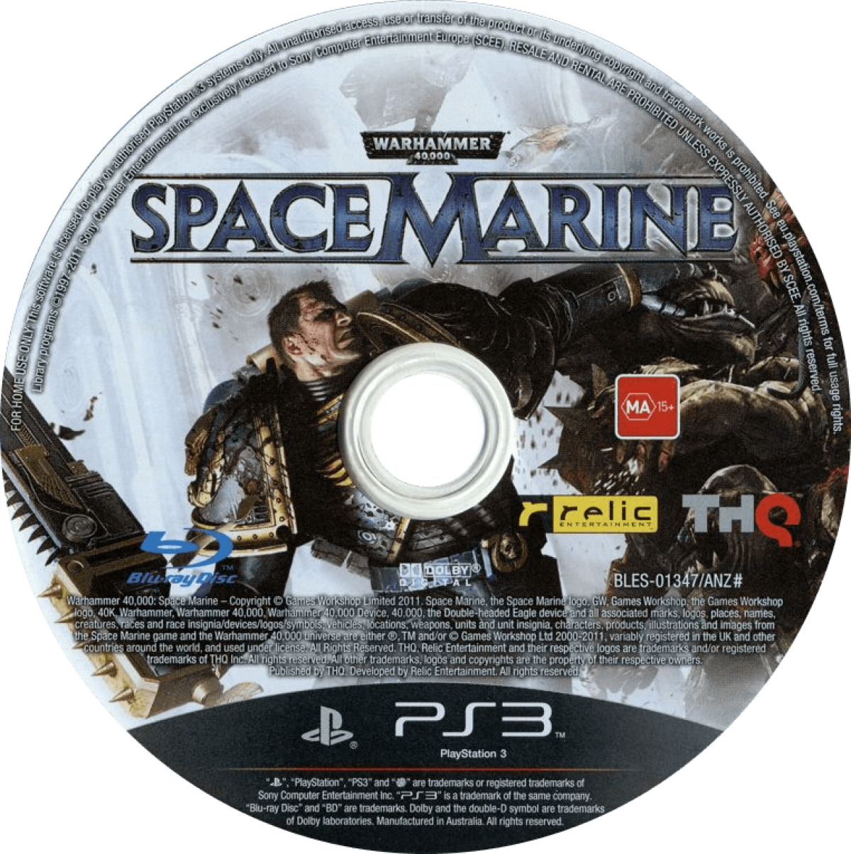 Warhammer 40 000 Space Marine PlayStation 3 PS3 video game featuring third person action shooter gameplay Space Marine combat Ultramarines battles Ork enemies weapon attacks melee combat futuristic war environments campaign missions and classic PlayStation 3 gameplay retro video game collection collectible gaming appeal game disc