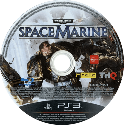 Warhammer 40 000 Space Marine PlayStation 3 PS3 video game featuring third person action shooter gameplay Space Marine combat Ultramarines battles Ork enemies weapon attacks melee combat futuristic war environments campaign missions and classic PlayStation 3 gameplay retro video game collection collectible gaming appeal game disc