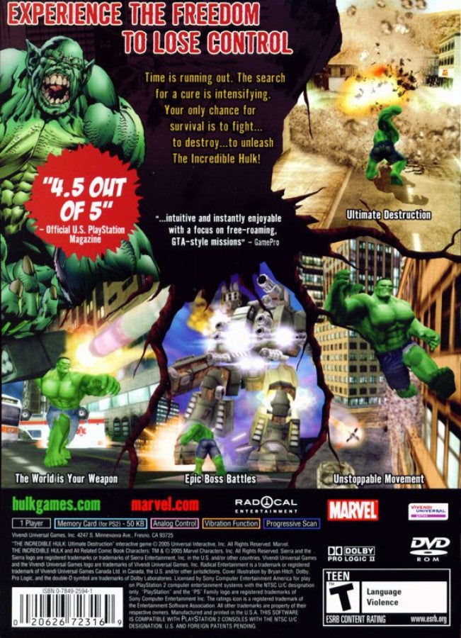 The Incredible Hulk: Ultimate Destruction – PlayStation 2 (PS2) video game back of case, open-world action superhero game.