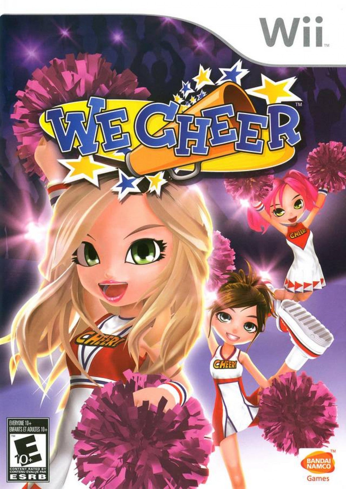 We Cheer Wii inspired design featuring energetic cheerleading rhythm game aesthetic motion controlled routines squad performances colorful competition atmosphere upbeat music gameplay team spirit and athletic choreography nostalgic Nintendo Wii presentation cover art