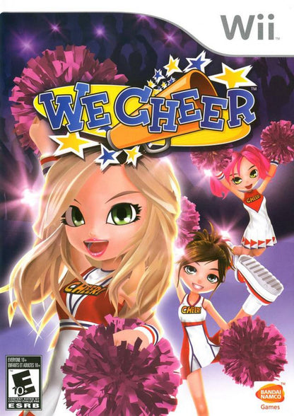 We Cheer Wii inspired design featuring energetic cheerleading rhythm game aesthetic motion controlled routines squad performances colorful competition atmosphere upbeat music gameplay team spirit and athletic choreography nostalgic Nintendo Wii presentation cover art