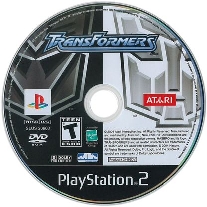 Transformers – PlayStation 2 (PS2) video game disc, action-adventure.