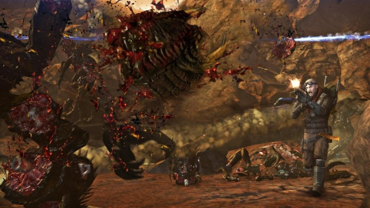Retro Red Faction Armageddon Xbox 360 inspired design featuring sci fi third person shooter aesthetic vintage HD era Martian underground destruction geomod gameplay alien infestation explosive combat futuristic rebellion industrial ruins chaos nostalgic action game presentation gameplay