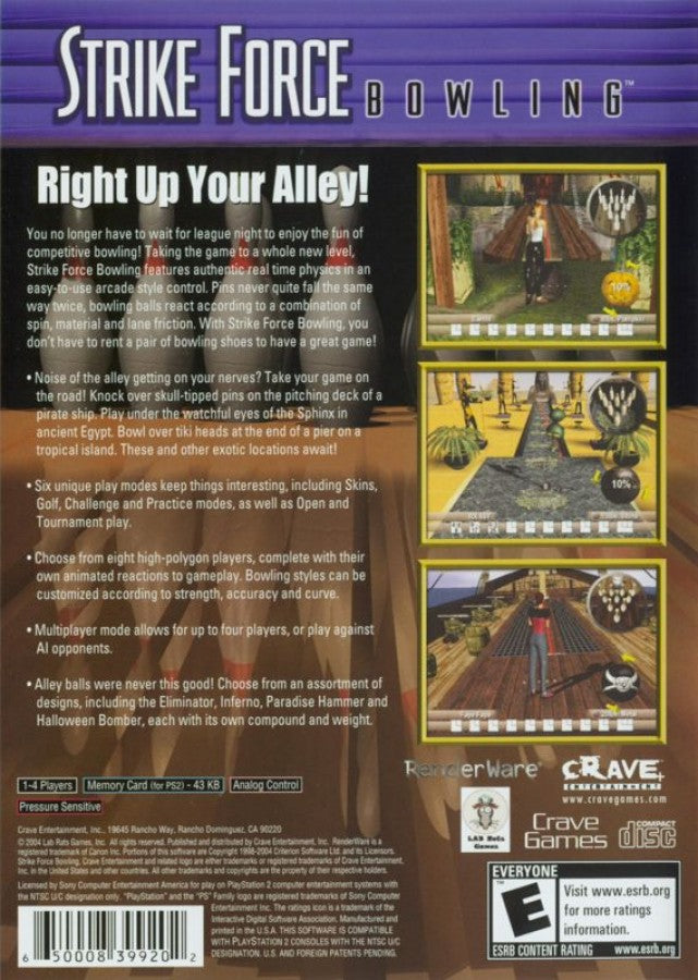 Strike Force Bowling – PlayStation 2 (PS2) video game back of case, sports bowling simulation.