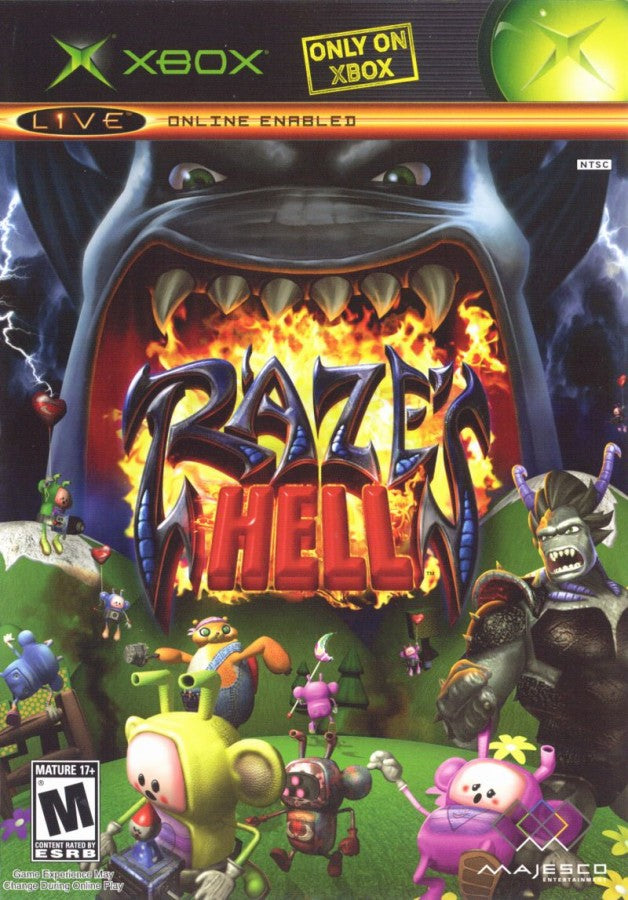 Raze's Hell retro Xbox video game Raze's Hell dark comedy third person shooter fantasy action combat quirky monster world fast paced shooting gameplay console title Xbox release cover art