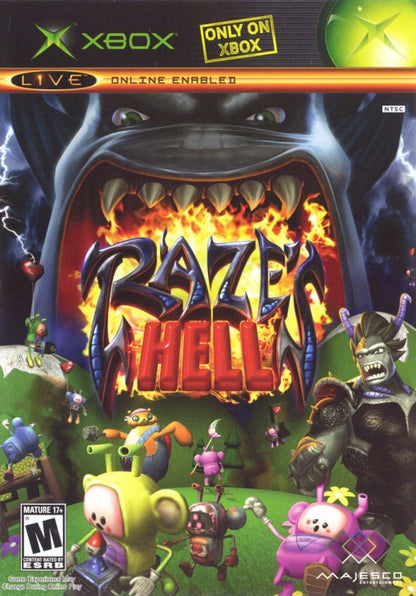 Raze's Hell retro Xbox video game Raze's Hell dark comedy third person shooter fantasy action combat quirky monster world fast paced shooting gameplay console title Xbox release cover art