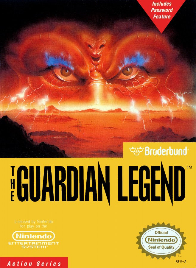 The Guardian Legend Nintendo Entertainment System NES for action adventure video game fans featuring sci fi exploration top down shooting side scrolling combat challenging enemies maze like environments power ups boss battles and classic Nintendo gameplay collectible gaming appeal front cover art