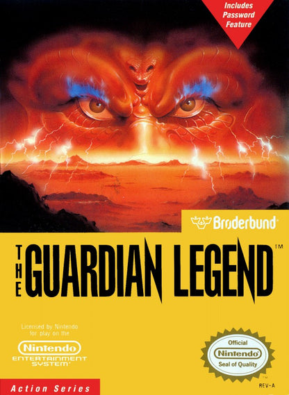 The Guardian Legend Nintendo Entertainment System NES for action adventure video game fans featuring sci fi exploration top down shooting side scrolling combat challenging enemies maze like environments power ups boss battles and classic Nintendo gameplay collectible gaming appeal front cover art