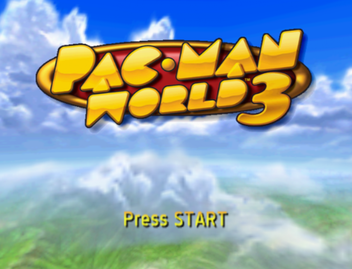 Pac Man World 3 GameCube Nintendo GameCube 3D platformer adventure game Pac Man action platforming puzzle solving ghost enemies arcade inspired gameplay Namco retro gaming GameCube software video game title start screen