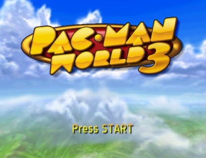 Pac Man World 3 GameCube Nintendo GameCube 3D platformer adventure game Pac Man action platforming puzzle solving ghost enemies arcade inspired gameplay Namco retro gaming GameCube software video game title start screen