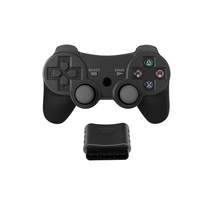 Wireless PS2 controller front view with receiver showing buttons and analog sticks