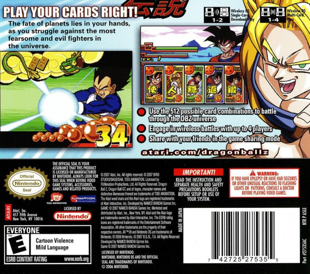 Dragon Ball Z Harukanaru Densetsu Nintendo DS video game featuring strategic card based battle gameplay iconic DBZ characters story mode missions and Bandai Namco anime fighting adventure title back cover