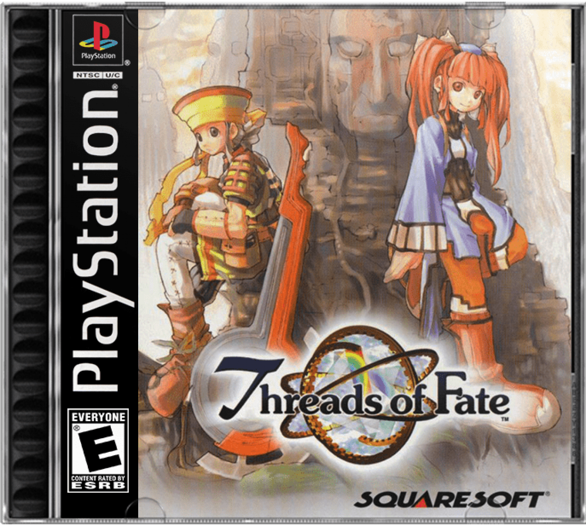 Threads of Fate Sony PlayStation PS1 video game featuring action role playing gameplay Rue and Mint characters fantasy adventure real time combat magical abilities character transformations exploration quests and classic 32 bit PlayStation gameplay retro video game collection collectible gaming appeal cover art