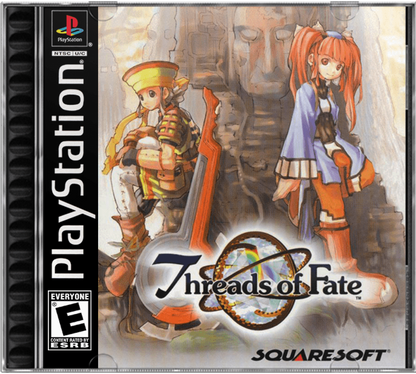 Threads of Fate Sony PlayStation PS1 video game featuring action role playing gameplay Rue and Mint characters fantasy adventure real time combat magical abilities character transformations exploration quests and classic 32 bit PlayStation gameplay retro video game collection collectible gaming appeal cover art