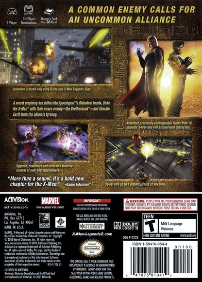 X Men Legends II Rise of Apocalypse for Nintendo GameCube action role playing game featuring cooperative superhero combat iconic Marvel characters team based gameplay and comic inspired storyline back cover 
