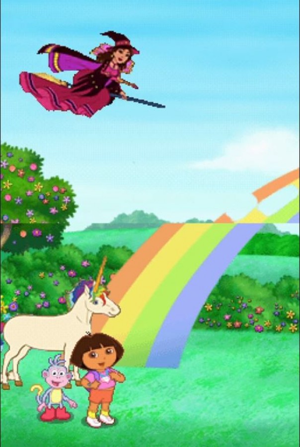 Dora's Big Birthday Adventure Nintendo DS interactive storybook platformer game tapping shouting scribbling activities based on TV special Dora and Boots stuck in Wizzle World birthday party goal DS microphone stylus controls magical unicorn riding gameplay screenshot