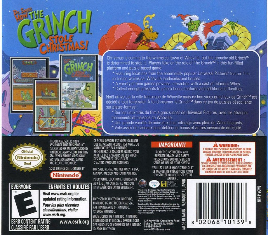 Dr. Seuss: How the Grinch Stole Christmas back of case for Nintendo DS (DS) holiday adventure video game