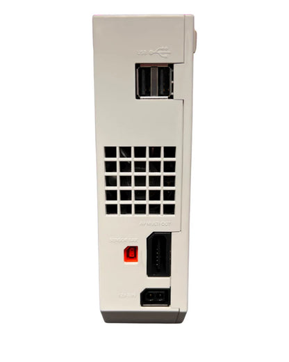 Rear view of a white Nintendo Wii console showing power port, AV output, sensor bar port, and ventilation slots