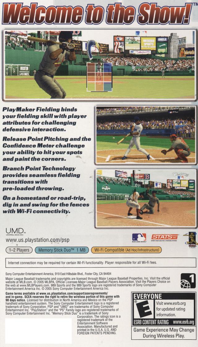 MLB PlayStation Portable PSP video game, baseball sports simulation, Major League Baseball teams and players, handheld console title back cover