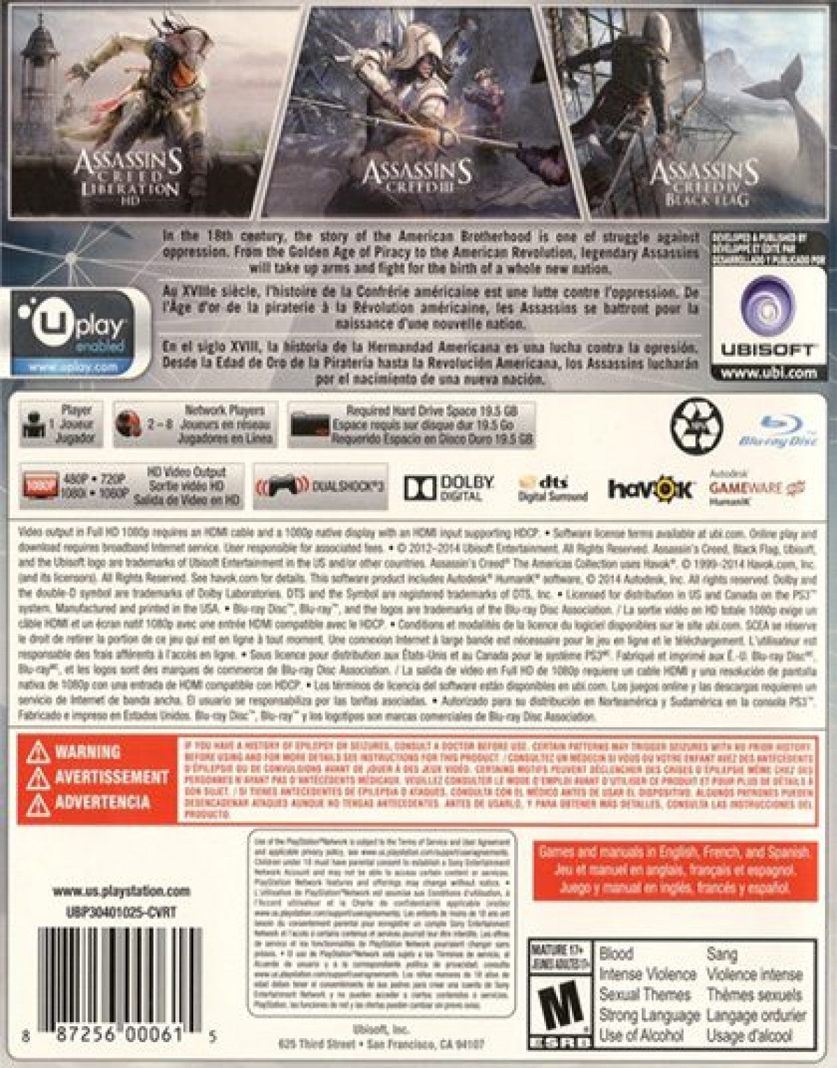 Assassin's Creed The Americas Collection PlayStation 3 PS3 for retro video game enthusiasts featuring action adventure gameplay open world exploration stealth based missions historical settings parkour traversal cinematic storytelling multiple Assassin's Creed adventures and collectible gaming appeal back cover 