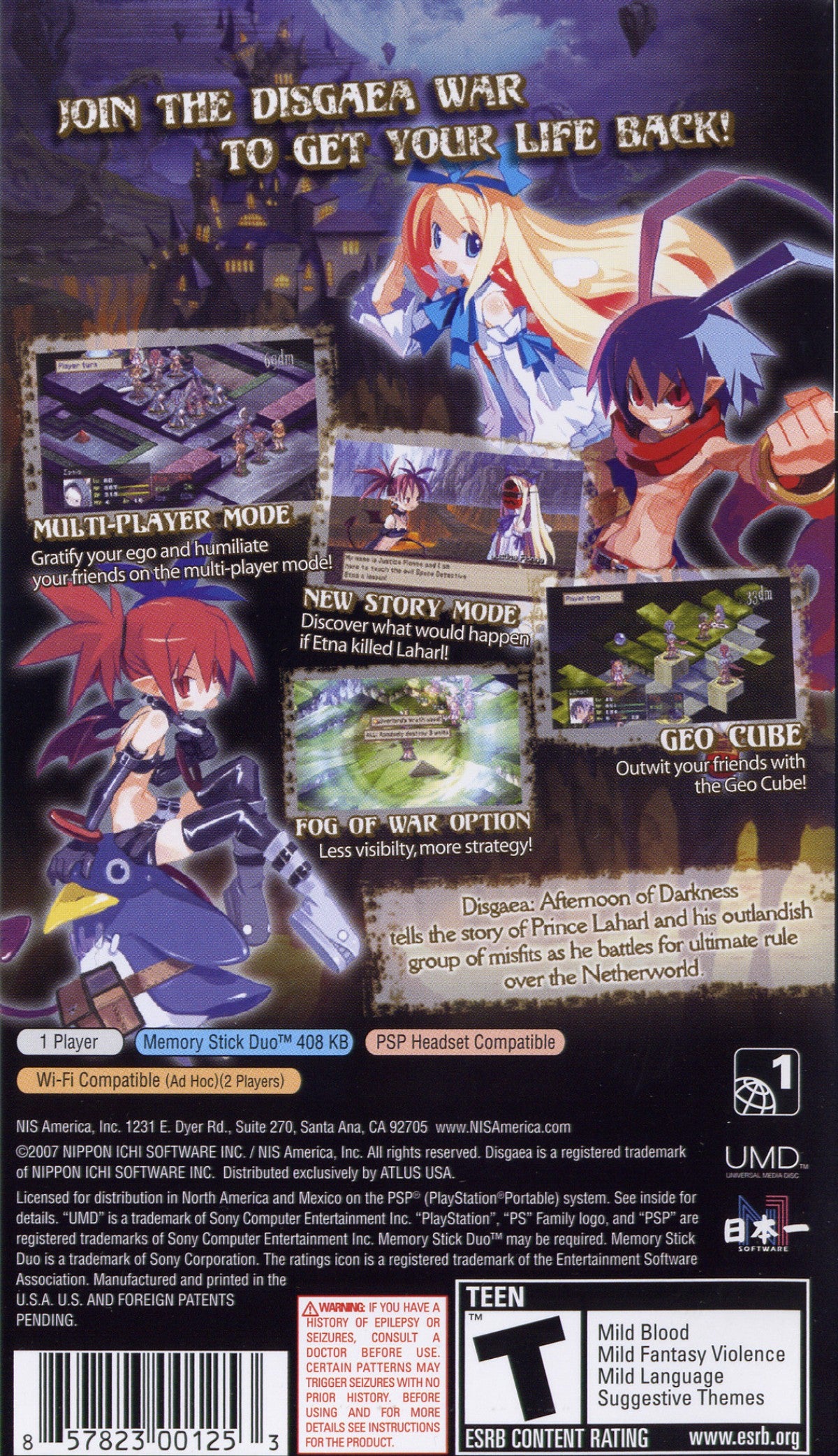 Disgaea: Afternoon of Darkness retro PSP video game Disgaea Afternoon of Darkness tactical RPG anime style strategy turn based combat fantasy role playing game handheld release back cover