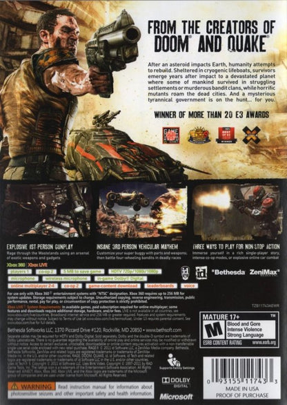 Rage: Anarchy Edition back of case for Xbox 360 (X360) post-apocalyptic first-person shooter video game
