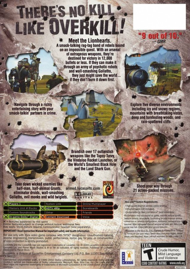Armed and Dangerous retro Xbox video game Armed and Dangerous action shooter third person combat explosive weapons over the top humor story driven campaign console title Xbox release back of case