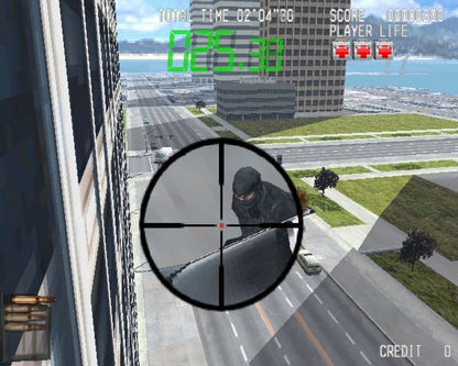 Silent Scope – PlayStation 2 (PS2) video game gameplay, arcade light-gun shooter.