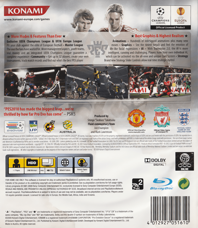 Pro Evolution Soccer 2010 back cover art for PlayStation 3 PS3 video game
