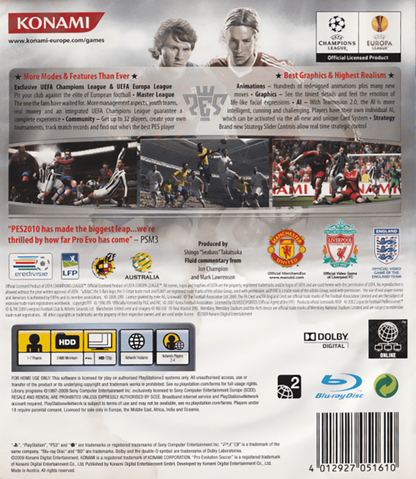 Pro Evolution Soccer 2010 back cover art for PlayStation 3 PS3 video game