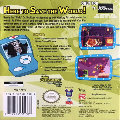 Disney’s Kim Possible Revenge of Monkey Fist Game Boy Advance GBA video game, action platformer, cartoon-based adventure, handheld console title back cover art